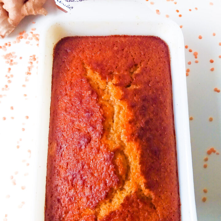 Sweet polenta cake with red lentils and apricot jam (loaf cake)