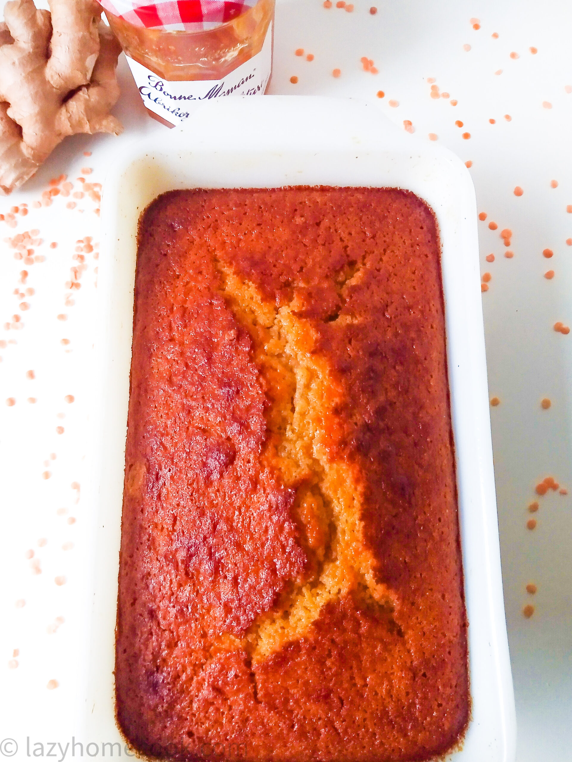 Sweet polenta cake with red lentils and apricot jam (loaf cake)