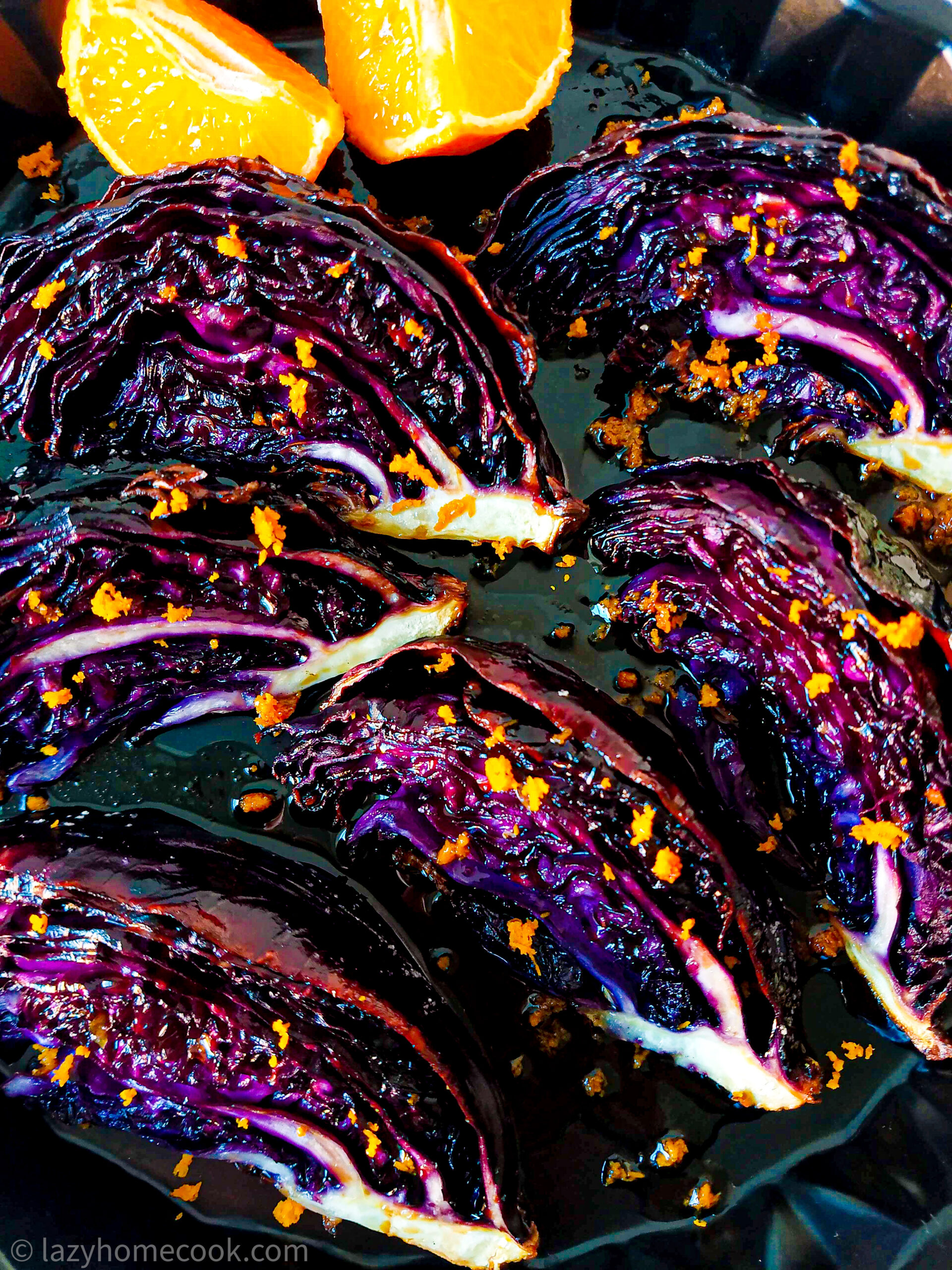 Roasted red cabbage wedges with orange dressing